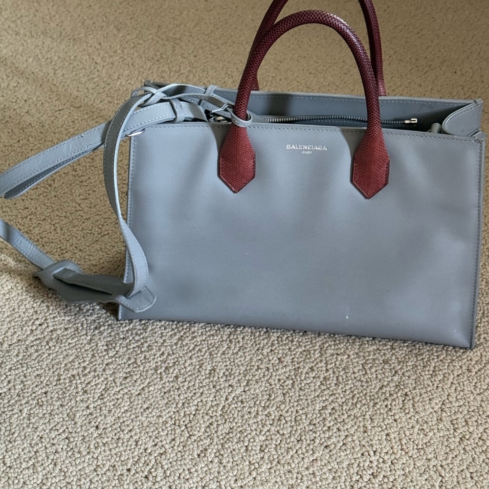 Balenciaga Gray Handbag with Burgundy Handles